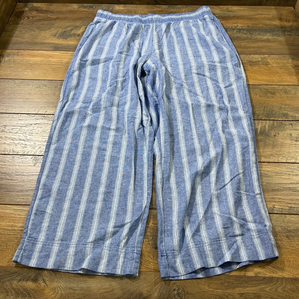Old Navy Blue White Striped Linen Blend Wide Leg Comfort Waistband Pant XL Baggy